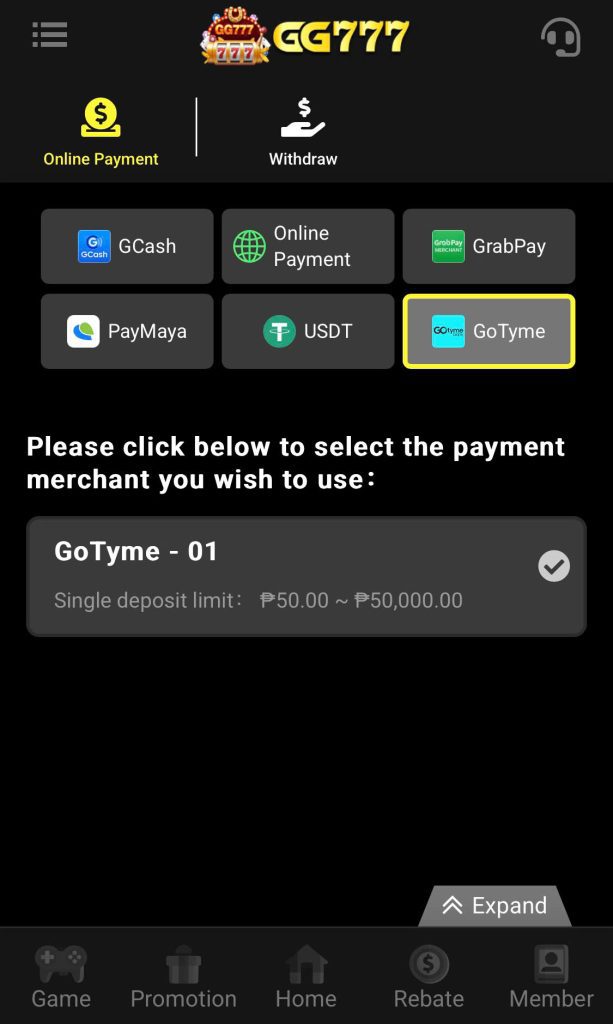 🎇 Step 1: select the deposit method as "GOTYME".