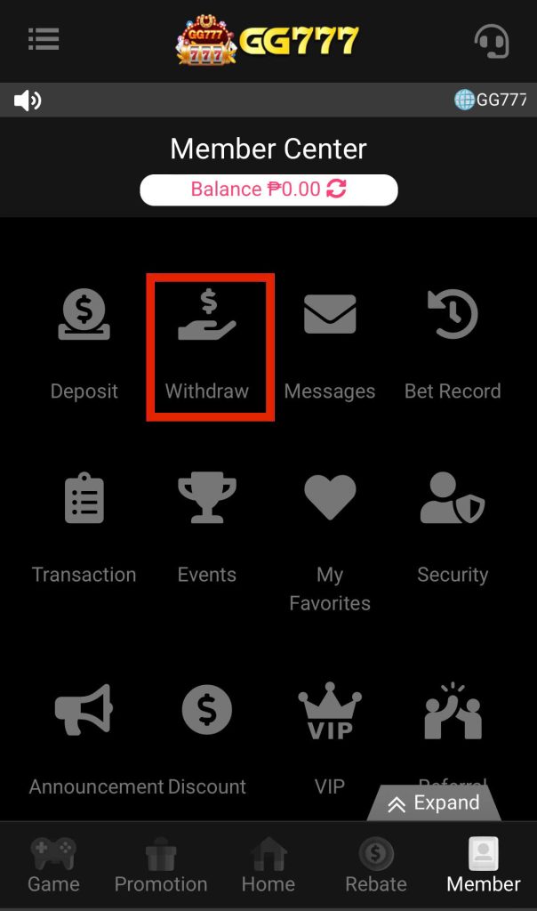 Step 1: Access the GG777 Withdrawal Interface